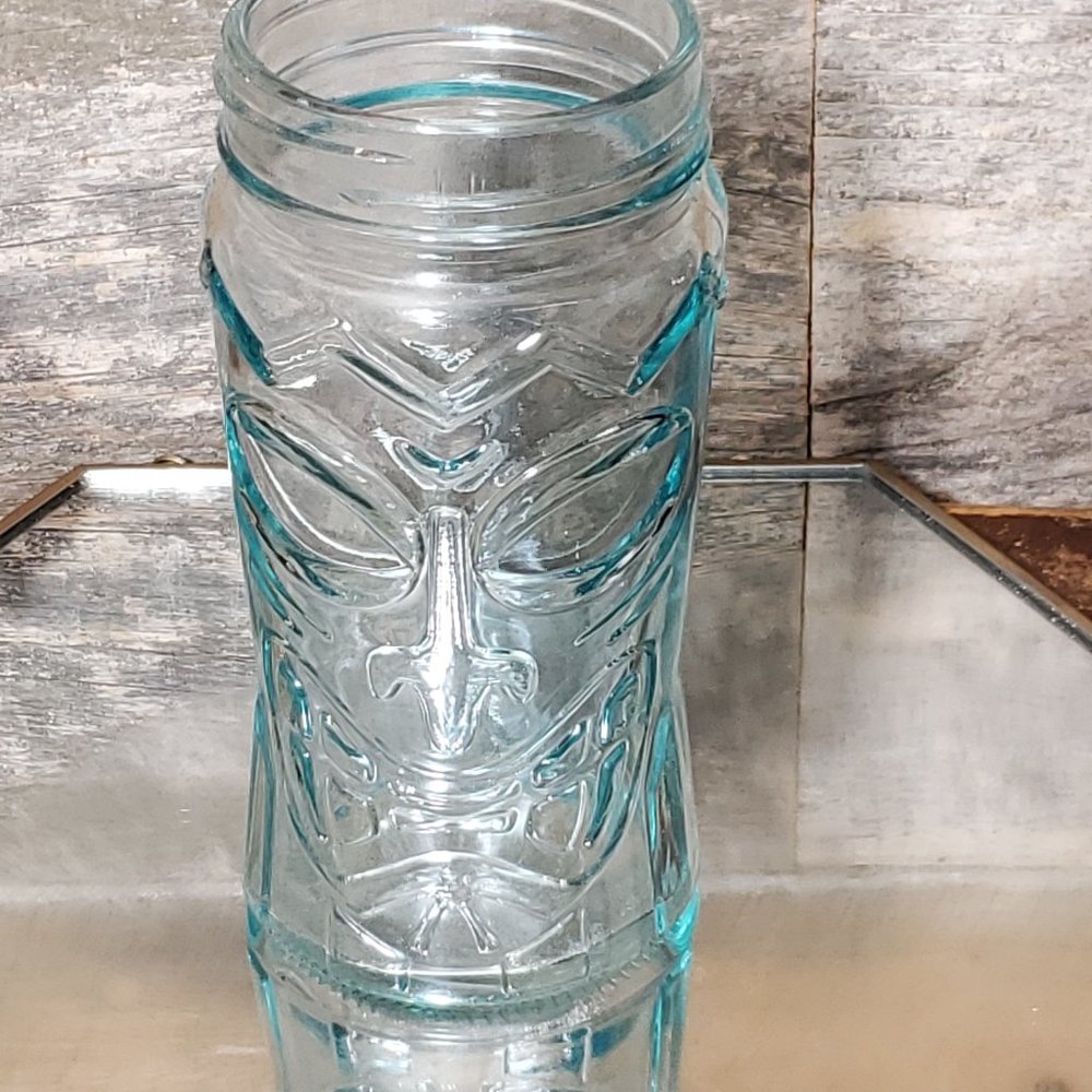 Tiki Jar - 15 oz - Canning - Tumbler - Blue Tint - Tiki face in 3D